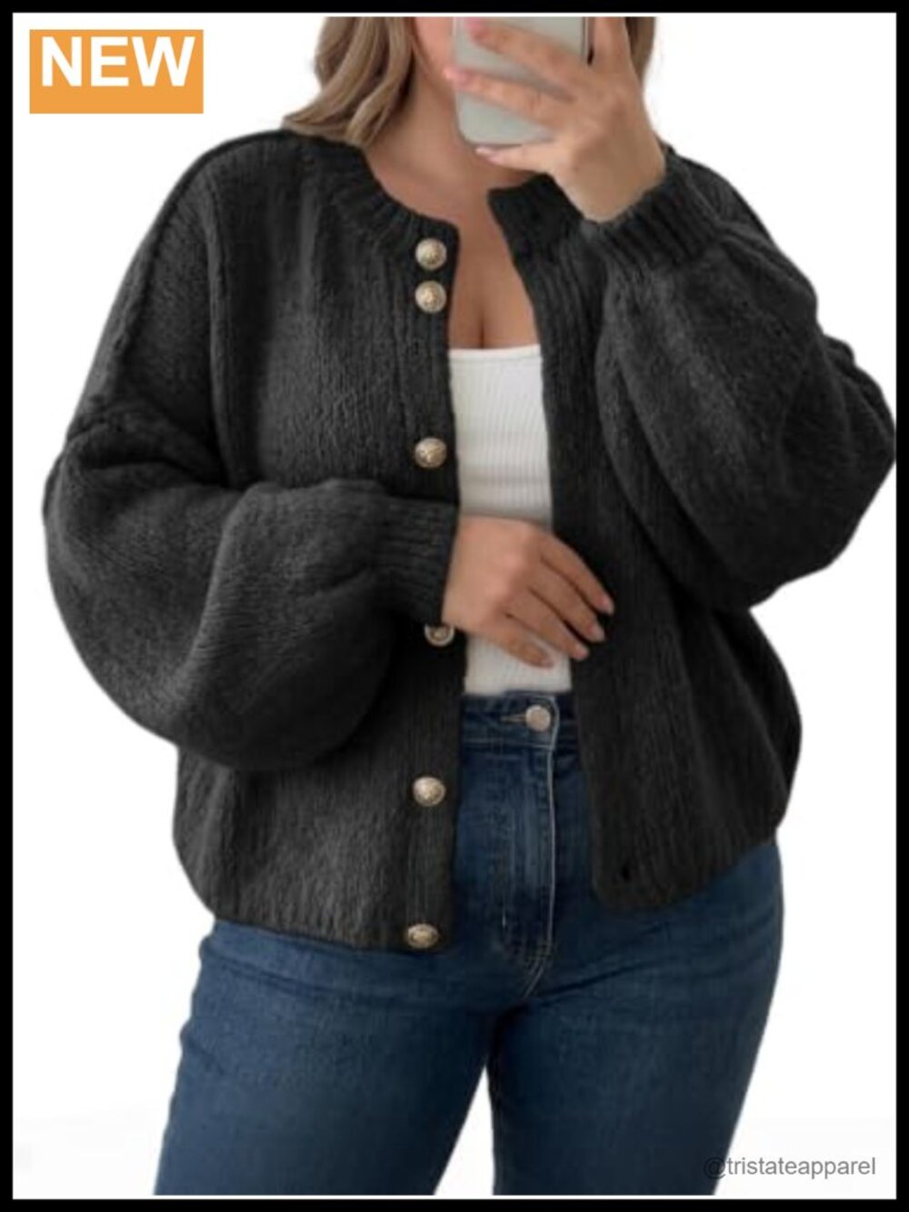 Plus Size Button Up Lantern Sleeve Chunky Knit Cardigan Sweater